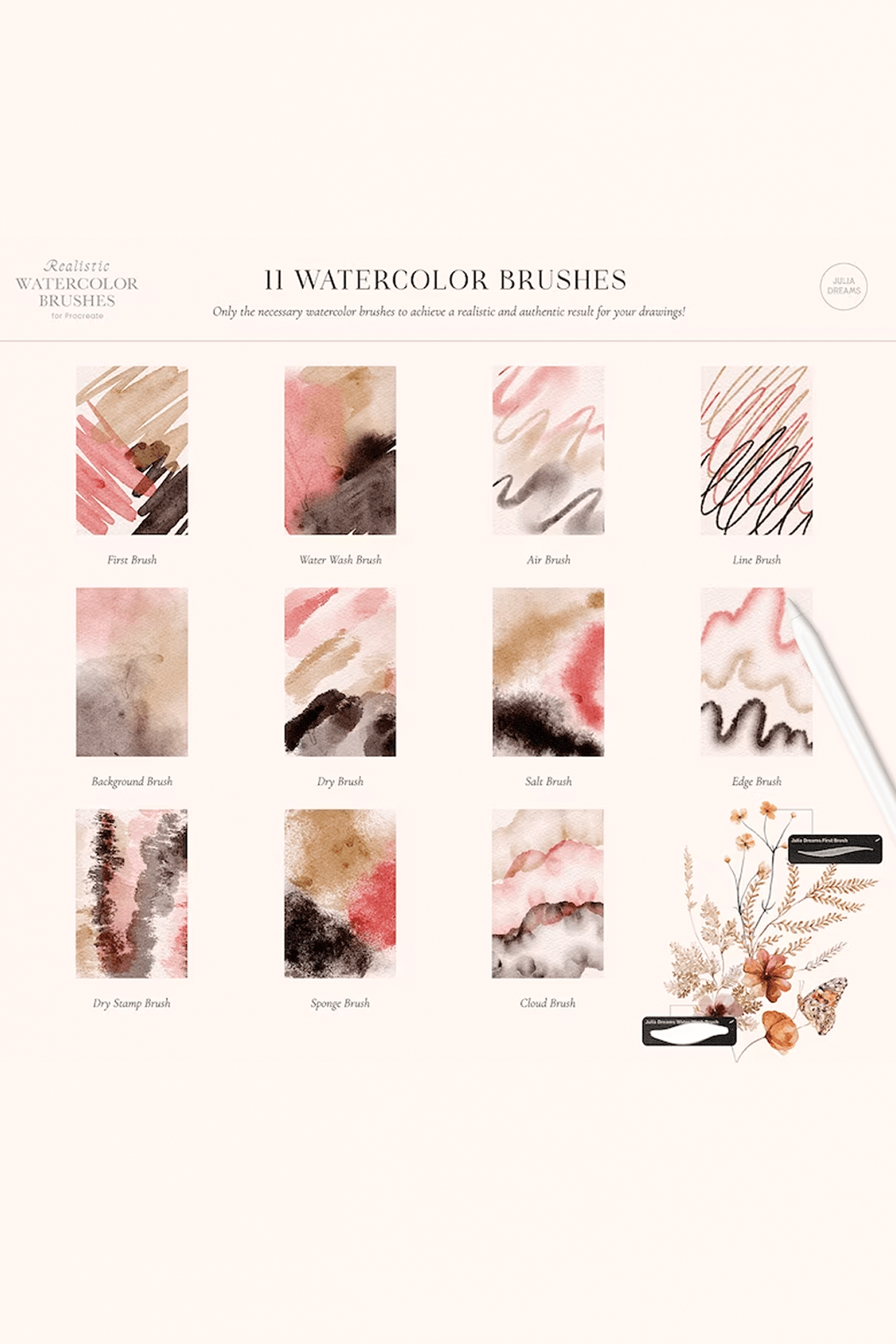 Realistic Watercolor Brushes for Procreate by Julia Dreams