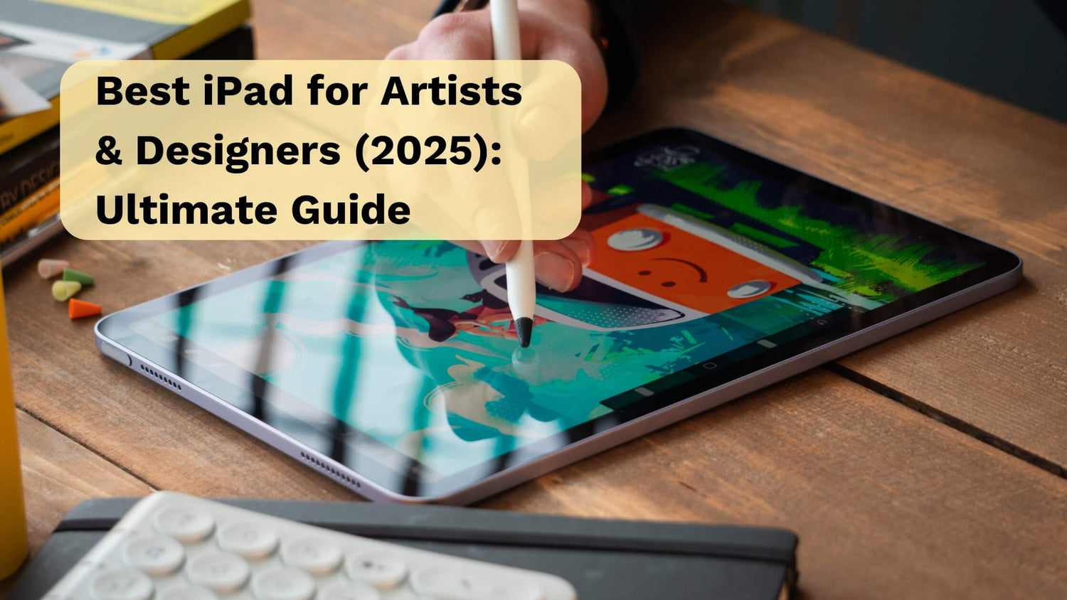 Blog post banner showcasing "Best iPad for Artists & Designers 2025," with colorful graphics and artistic themes.