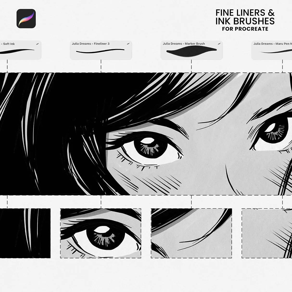 Ink Brushes Fine Liners for Procreate by Julia Dreams