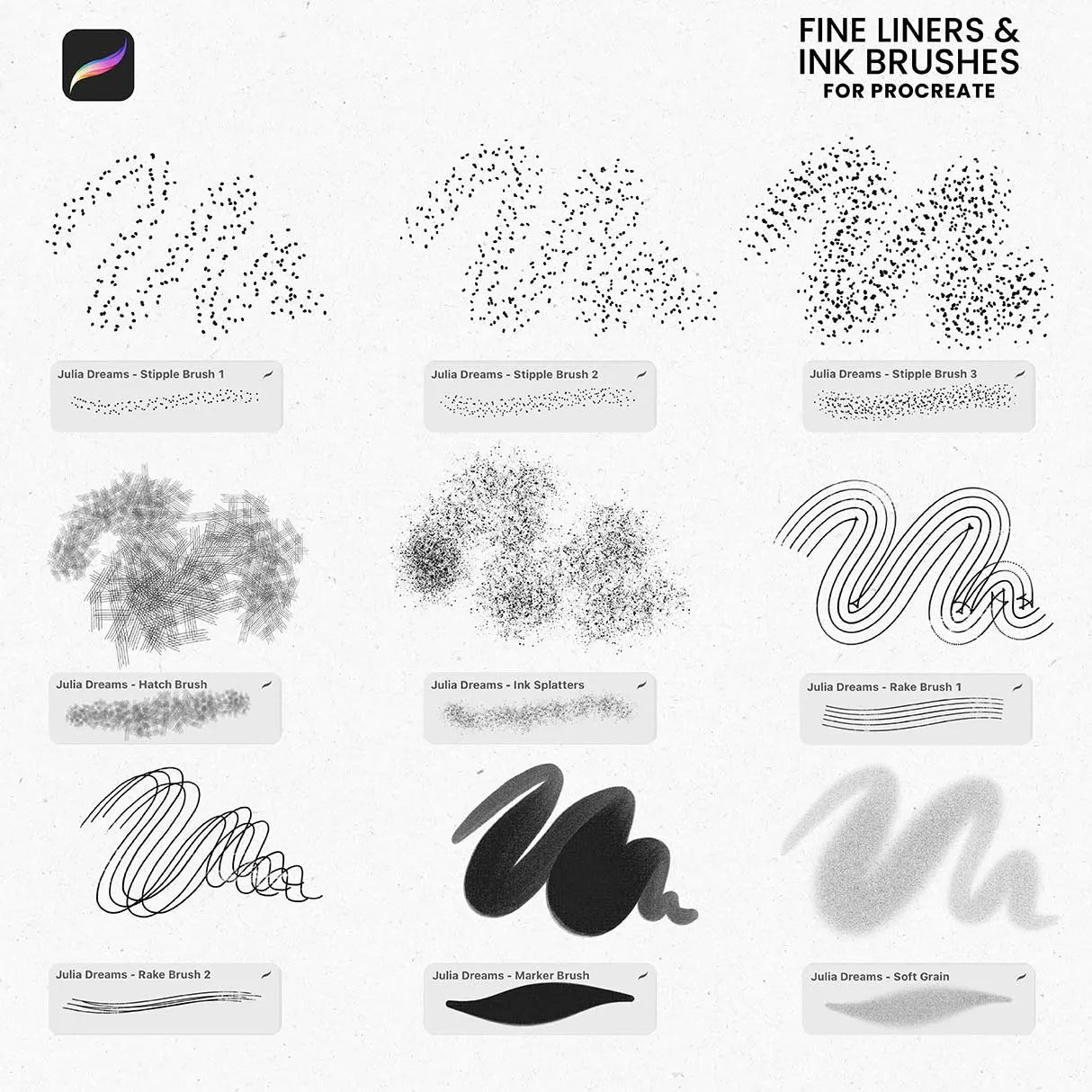 Ink Brushes Fine Liners for Procreate by Julia Dreams