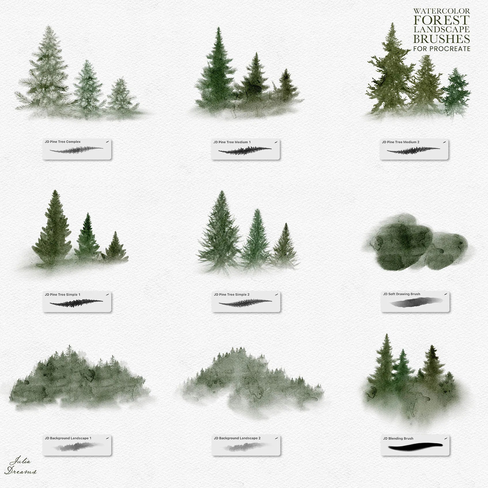 Watercolor Forest Landscape Brushes for Procreate by Julia Dreams